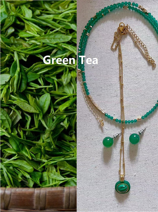 Green Tea - Natural Green Agate and Malachite Necklaces and Earrings Set