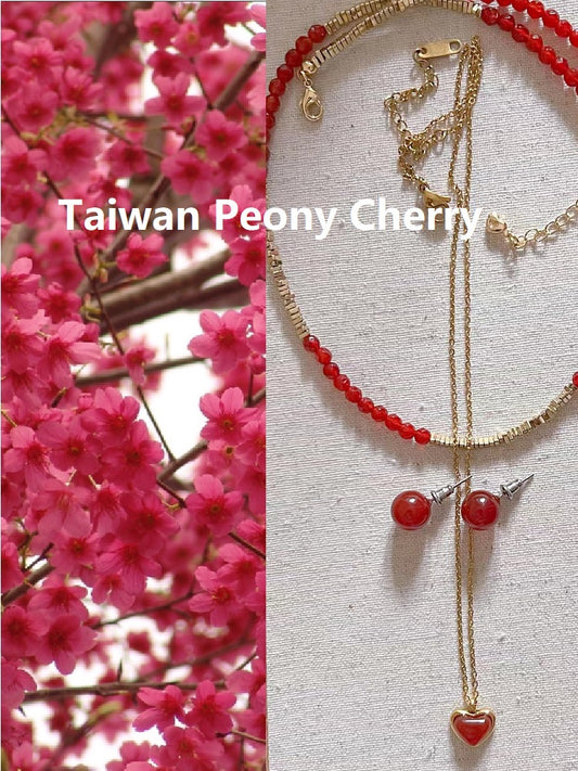 Taiwan Peony Cherry - Natural Red Agate Necklaces and Earrings Set