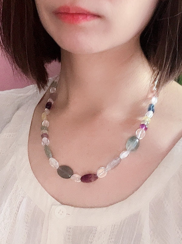 NYC Summer Day - Natural Fluorite, White Quartz Crystal, Prehnite and Gray Moonstone Necklace