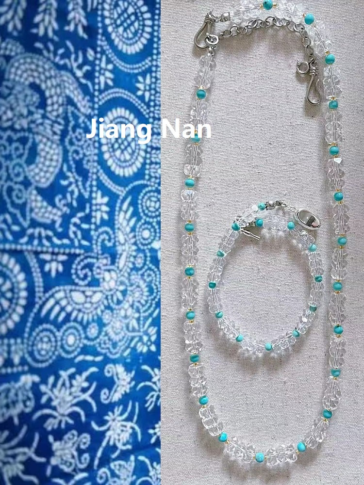 Jiang Nan - Natural White Quartz Crystal and Turquoise Necklace and Bracelet