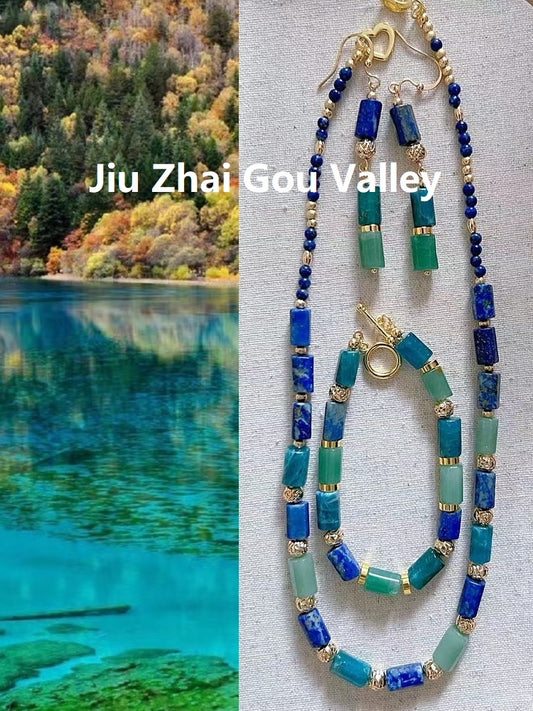 Jiu Zhai Gou Valley - Natural Lapis Lazuli, Apatite and Aventurine Necklace Bracelet and Earrings Set