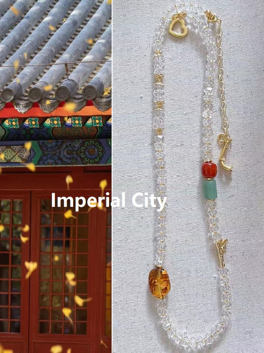 The Imperial City - Natural White Quartz Crystal, Amber, Agate and Aventurine Necklace