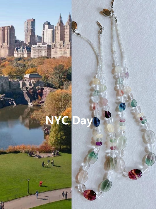 NYC Summer Day - Natural Fluorite, White Quartz Crystal, Prehnite and Gray Moonstone Necklace