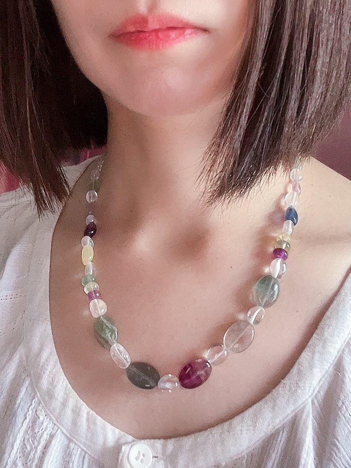 NYC Summer Day - Natural Fluorite, White Quartz Crystal, Prehnite and Gray Moonstone Necklace