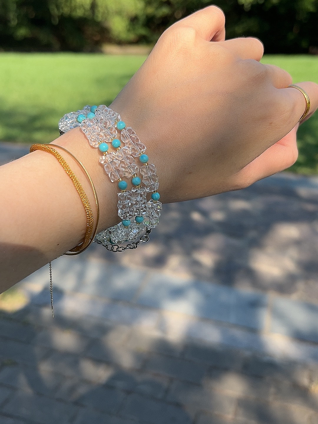 Jiang Nan - Natural White Quartz Crystal and Turquoise Necklace and Bracelet