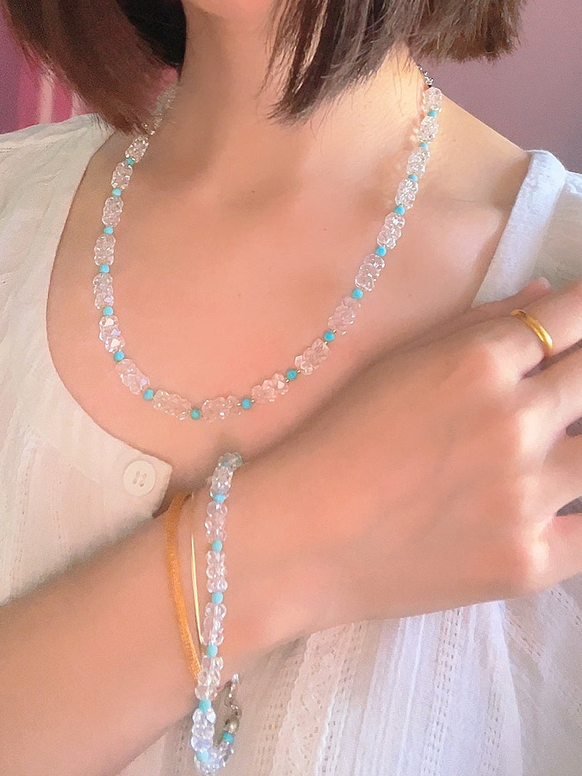 Jiang Nan - Natural White Quartz Crystal and Turquoise Necklace and Bracelet