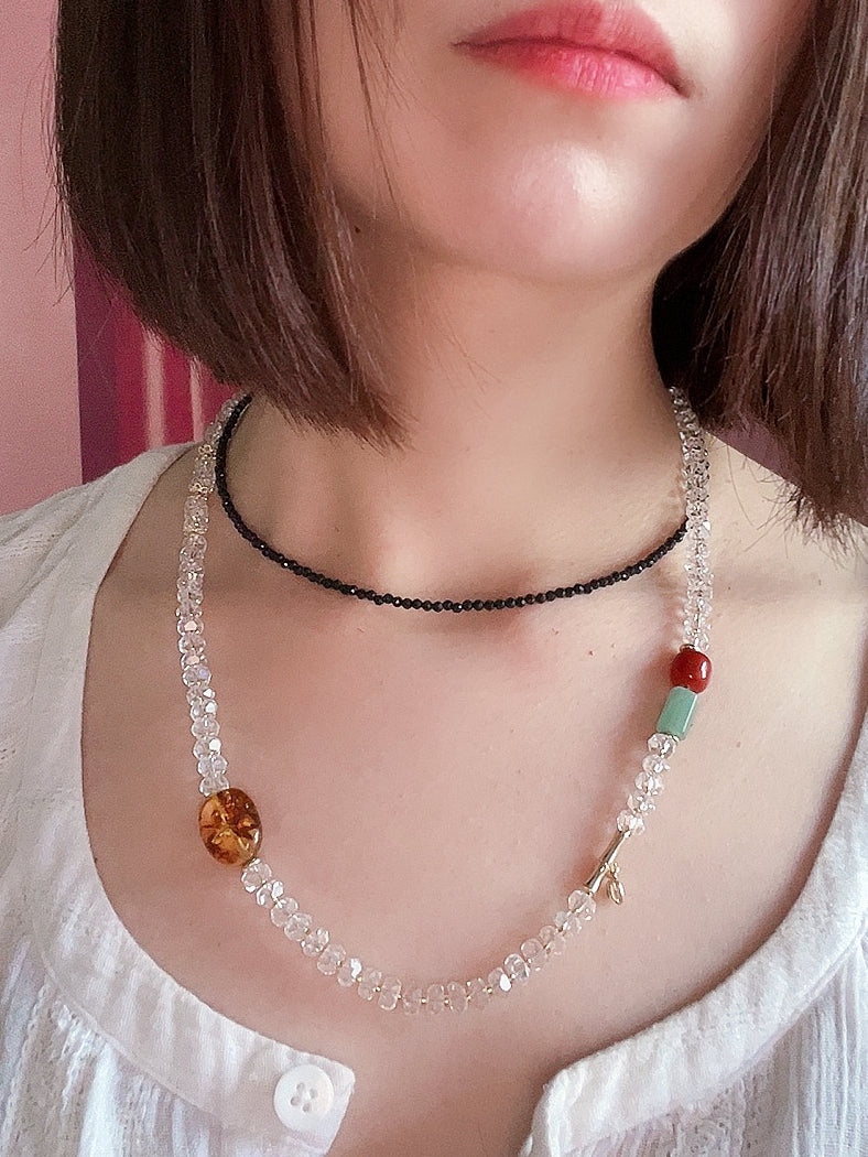 The Imperial City - Natural White Quartz Crystal, Amber, Agate and Aventurine Necklace