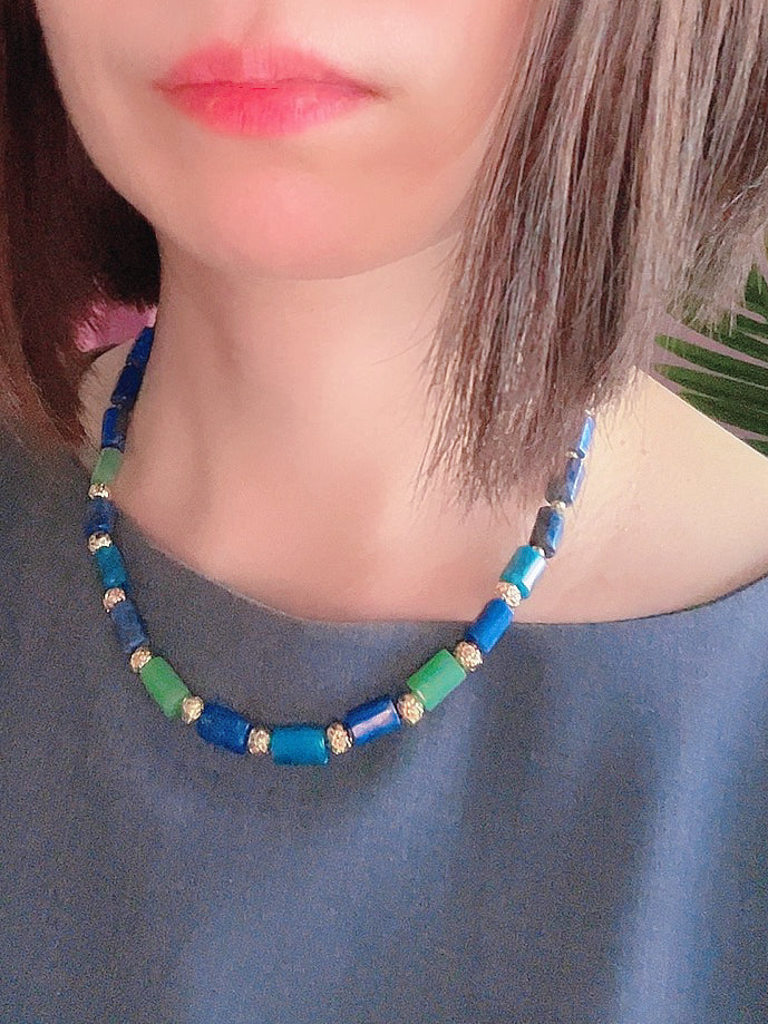 Jiu Zhai Gou Valley - Natural Lapis Lazuli, Apatite and Aventurine Necklace Bracelet and Earrings Set