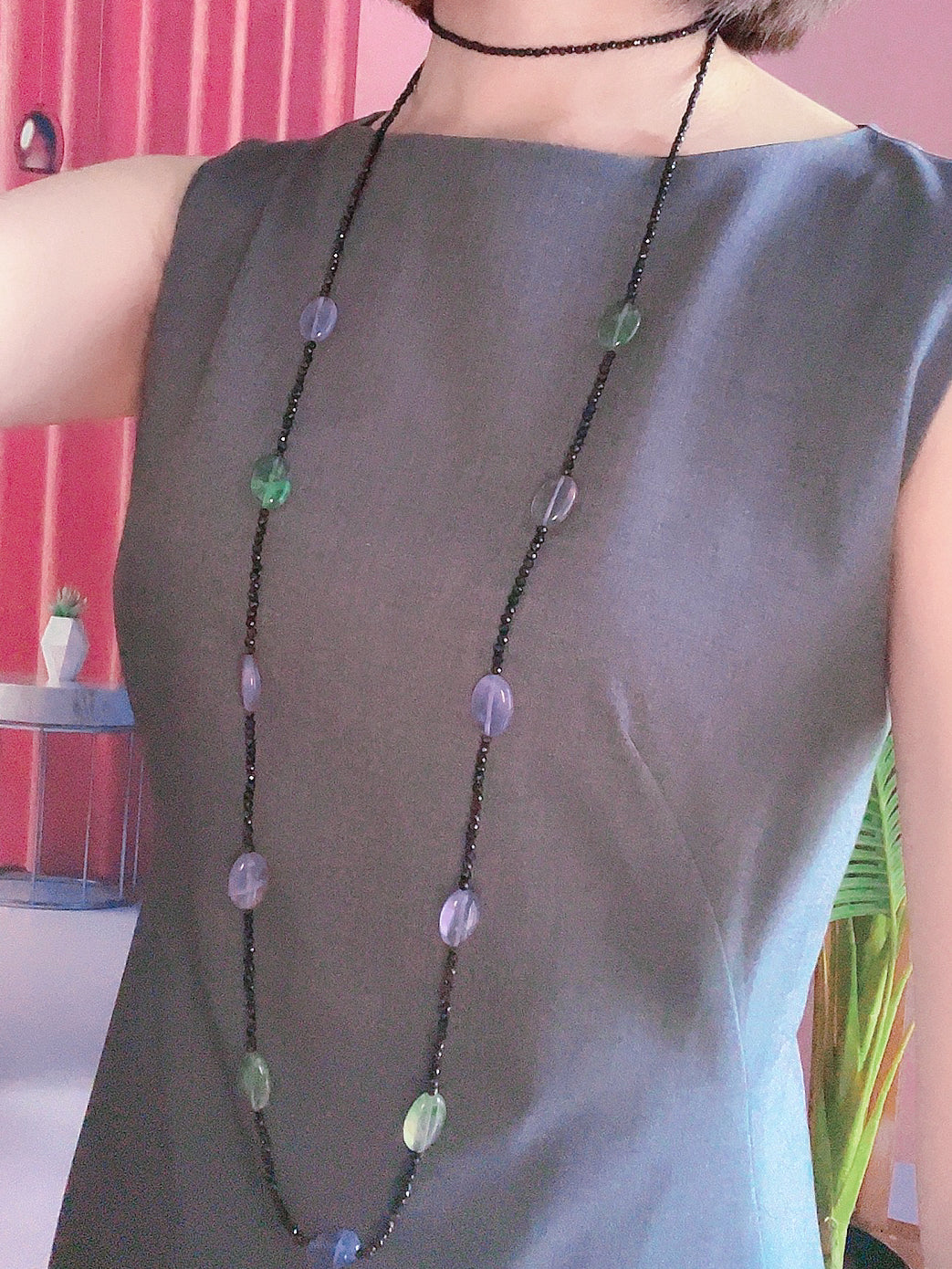 NYC Summer Night - Natural Fluorite and Black Spinel Detachable Long Necklace