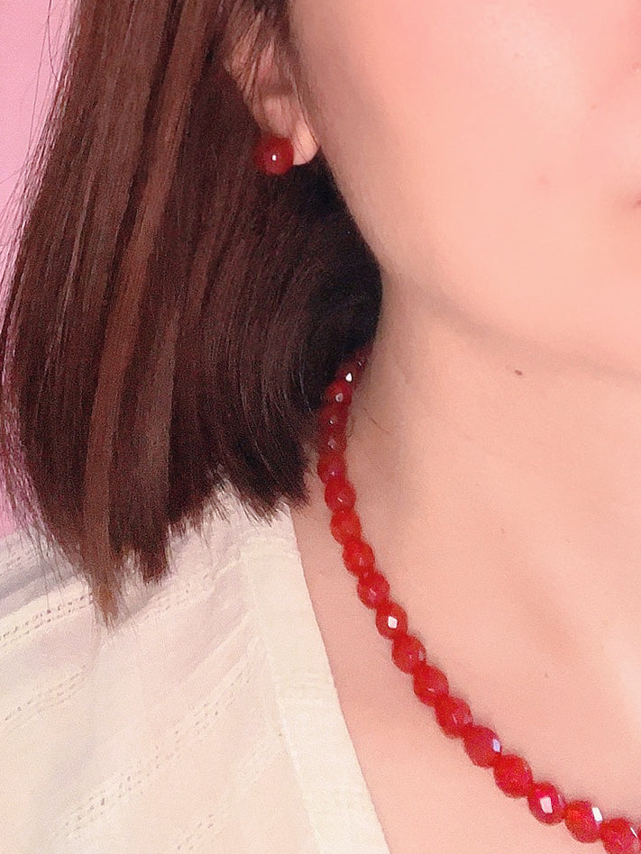 Taiwan Peony Cherry - Natural Red Agate Necklaces and Earrings Set