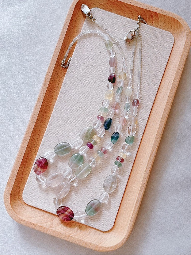 NYC Summer Day - Natural Fluorite, White Quartz Crystal, Prehnite and Gray Moonstone Necklace