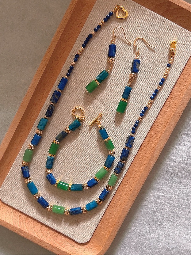 Jiu Zhai Gou Valley - Natural Lapis Lazuli, Apatite and Aventurine Necklace Bracelet and Earrings Set