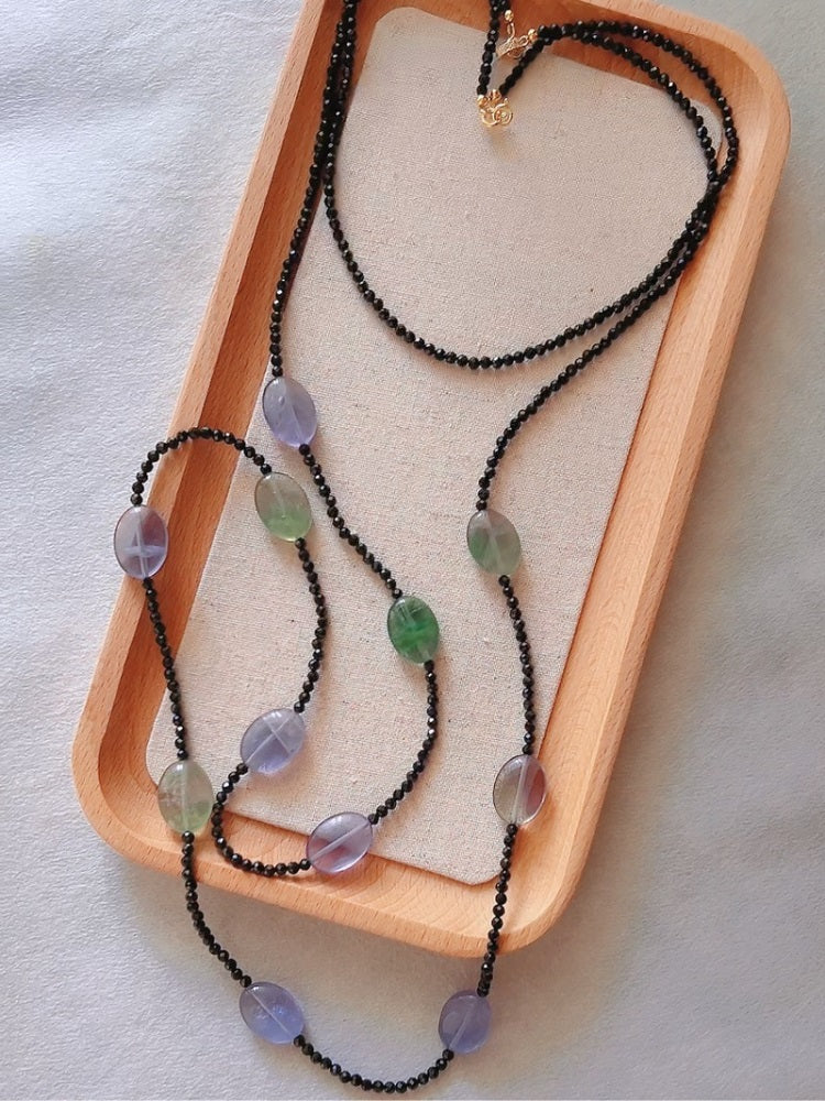 NYC Summer Night - Natural Fluorite and Black Spinel Detachable Long Necklace