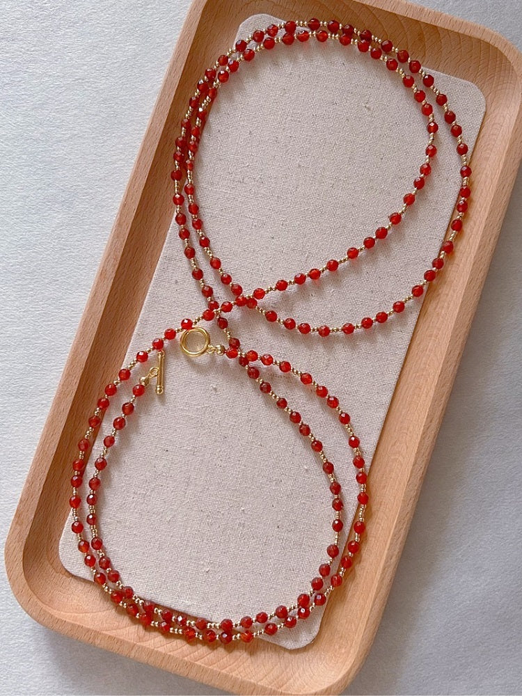 Cherry - Natural Red Agate and Golden Beads Long Necklace