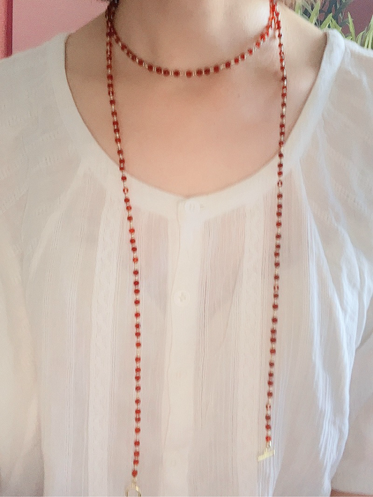 Cherry - Natural Red Agate and Golden Beads Long Necklace