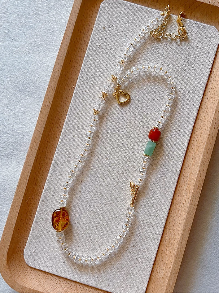 The Imperial City - Natural White Quartz Crystal, Amber, Agate and Aventurine Necklace