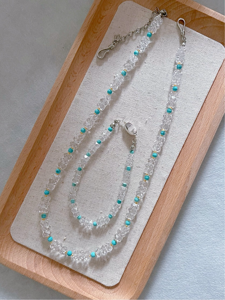 Jiang Nan - Natural White Quartz Crystal and Turquoise Necklace and Bracelet