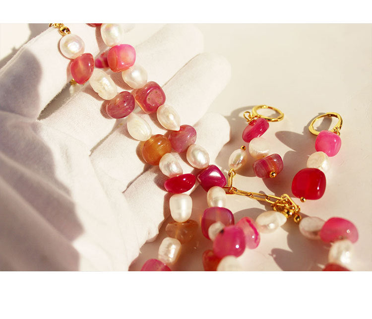 The Strawberry - Natural Agate & Freshwater Pearl Necklace Bracelet & Earrings