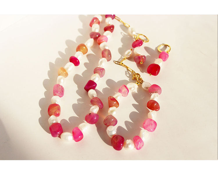 The Strawberry - Natural Agate & Freshwater Pearl Necklace Bracelet & Earrings