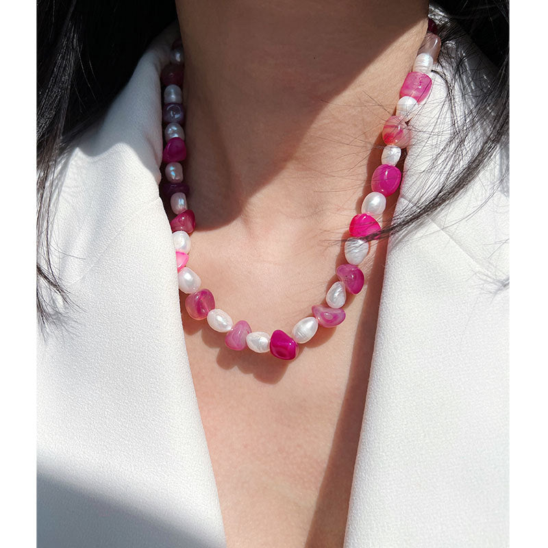 The Strawberry - Natural Agate & Freshwater Pearl Necklace Bracelet & Earrings