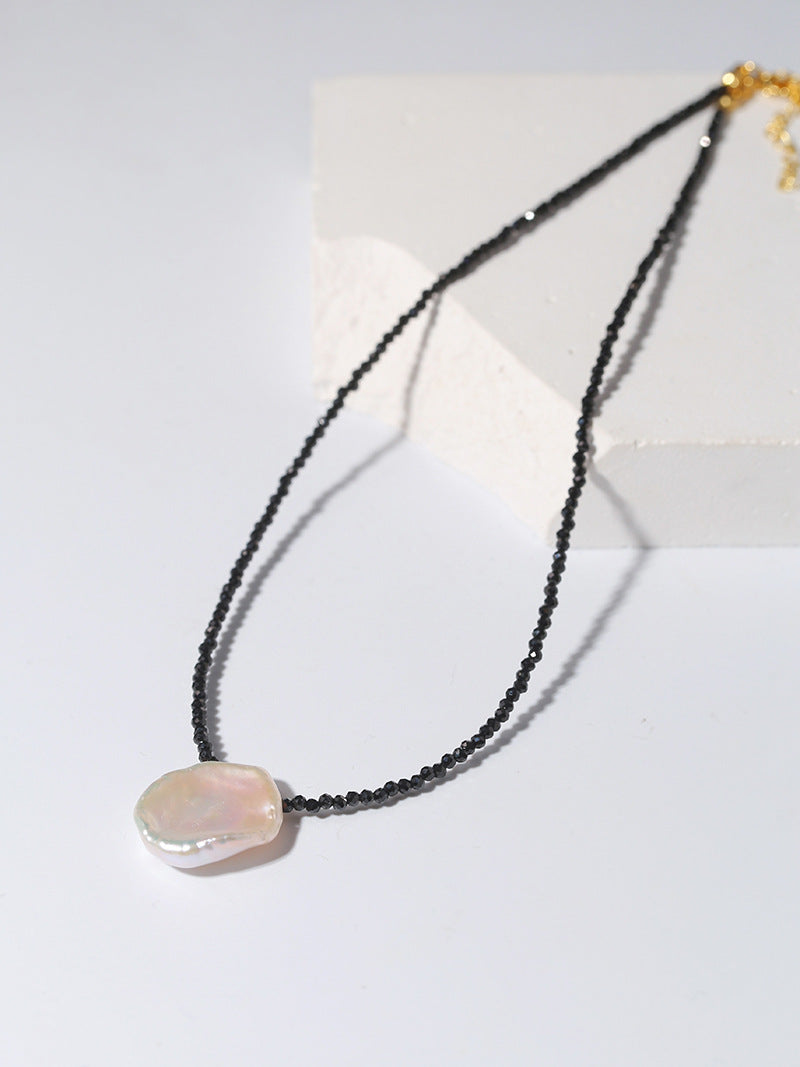 The Grace - Flower-shaped Freshwater Pearl & Black Spinel Necklace